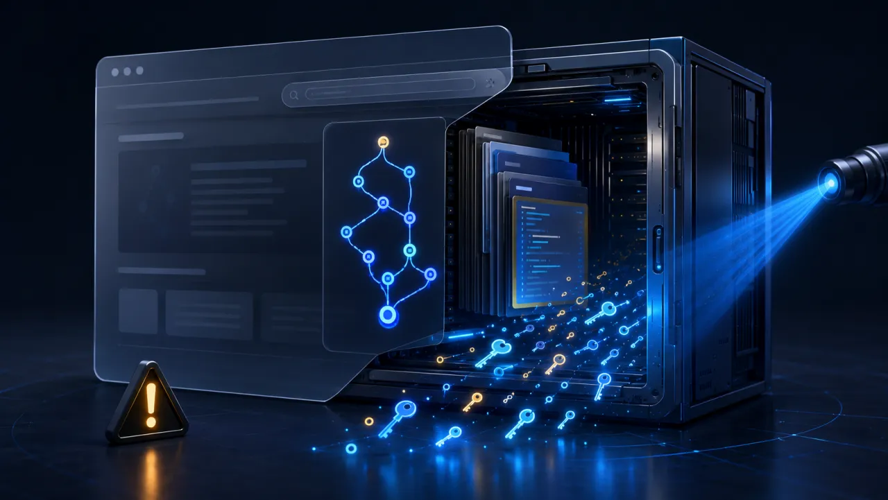 Keys and source code files leaking out of a server exposed to the internet, with a warning sign beside it