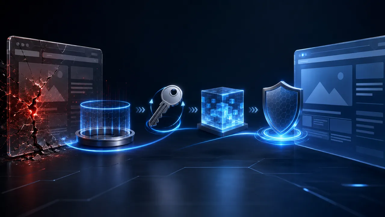 A hacked site being restored: from a wrecked page, through rotating keys and cleanup, to a secured version